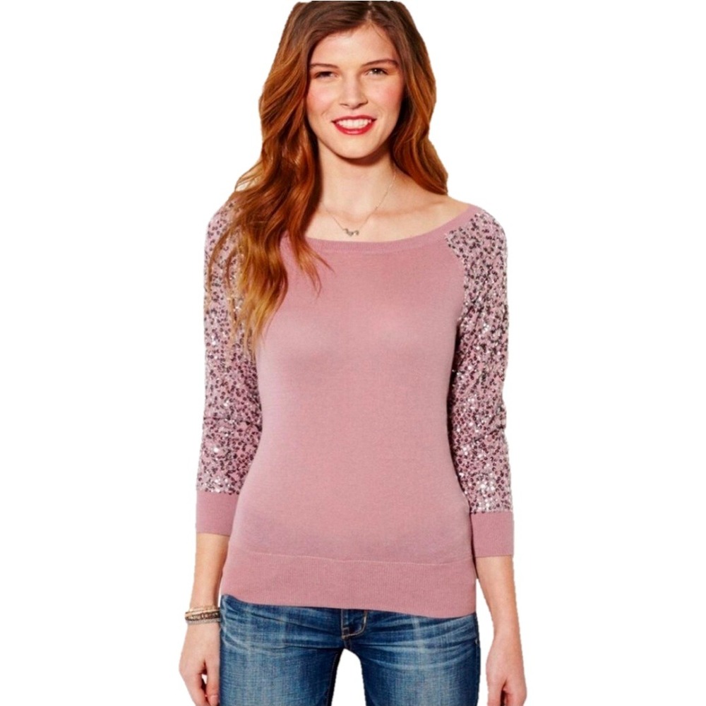 American Eagle Outfitters Sequin Sleeve Sweater Womens Size M Lavender Pullover‎